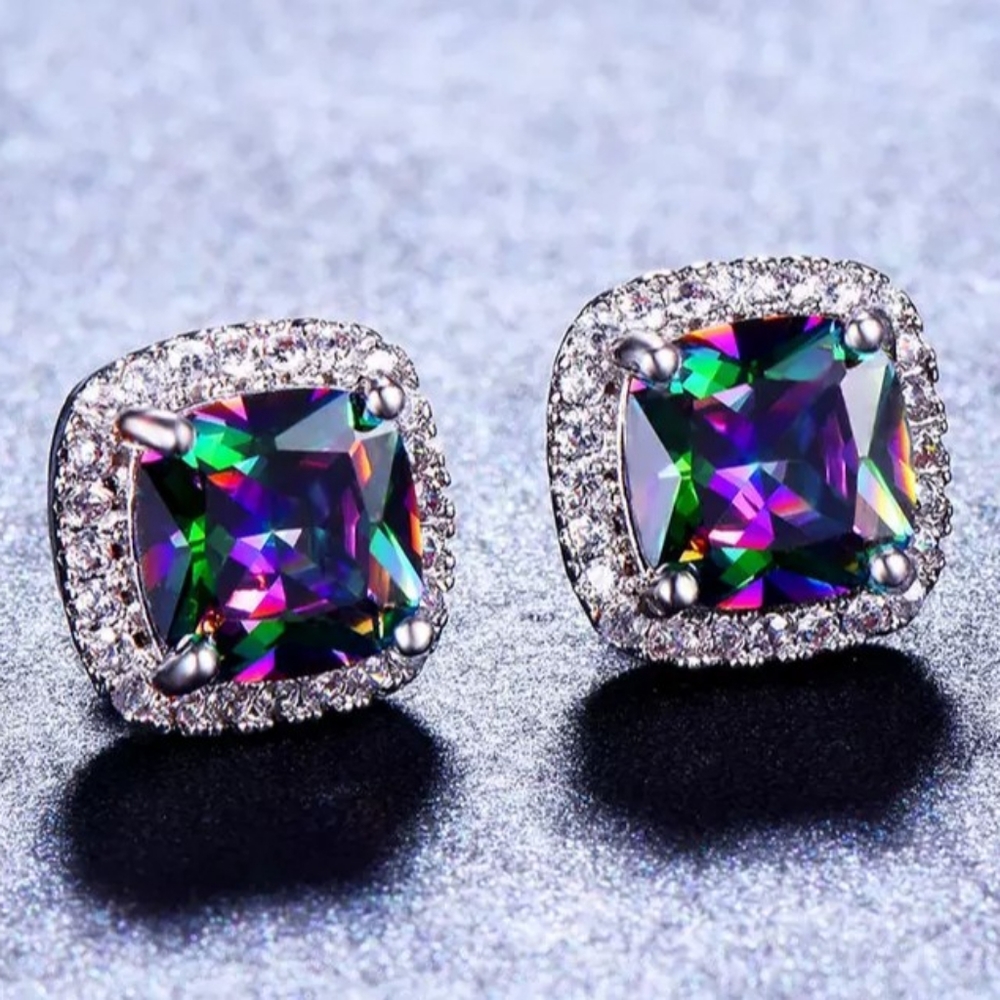 🌻🤩N 925 Square Halo Mystic Topaz Stud Earrings🤩🌻 - Picture 1 of 6